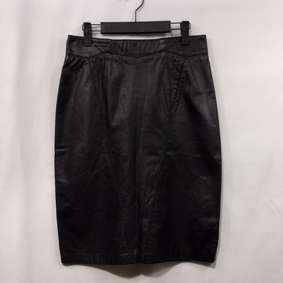 Vintage David Benjamin 100% Leather Pencil Skirt Women's 11 Black Boho Retro 90s - Picture 1 of 8